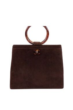 Chanel CC Logo Plastic Handle Handbag Brown Suede
